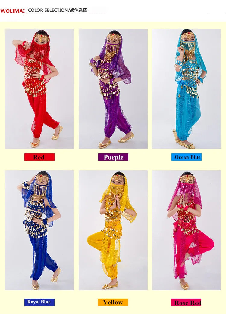 Crianças dançarina do ventre cinto calças véu acessórios para asas crianças máscara bollywood vestido meninas traje de dança do ventre conjunto 2-8 peças