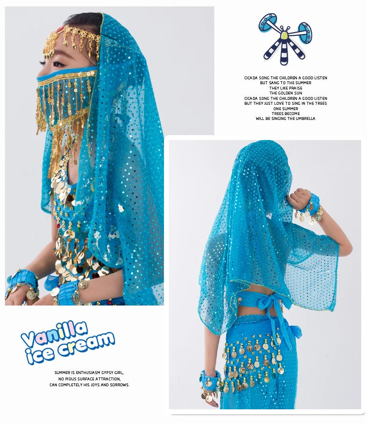 Crianças dançarina do ventre cinto calças véu acessórios para asas crianças máscara bollywood vestido meninas traje de dança do ventre conjunto 2-8 peças