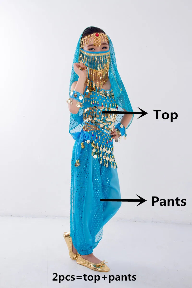 Crianças dançarina do ventre cinto calças véu acessórios para asas crianças máscara bollywood vestido meninas traje de dança do ventre conjunto 2-8 peças