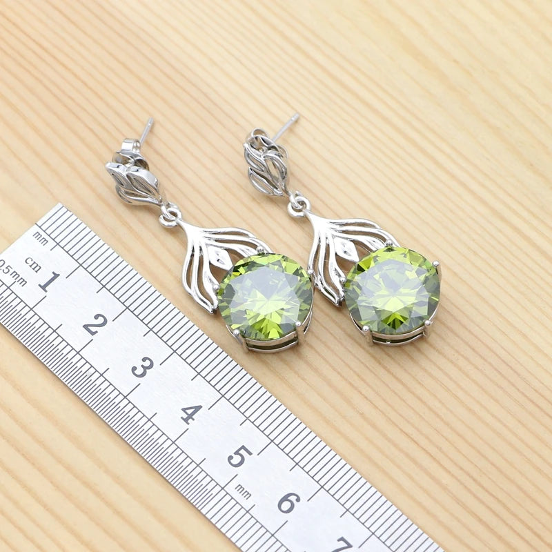 Conjunto de joias de prata 925 para mulheres, redondo, verde oliva, zircônia cúbica, pingente, colar, anel, pulseira, presente de aniversário