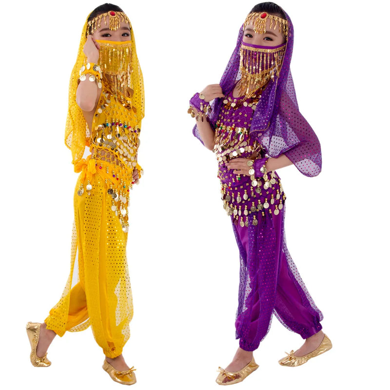 Crianças dançarina do ventre cinto calças véu acessórios para asas crianças máscara bollywood vestido meninas traje de dança do ventre conjunto 2-8 peças