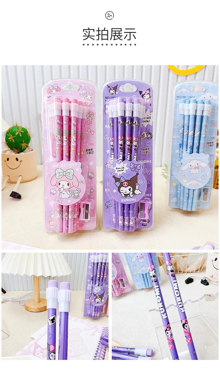 12pçs lápis fofos Sanrio com apontador de lápis Kuromi Cinnamoroll Melody Retorno à escola Anime Papelaria Presente de escrita para crianças