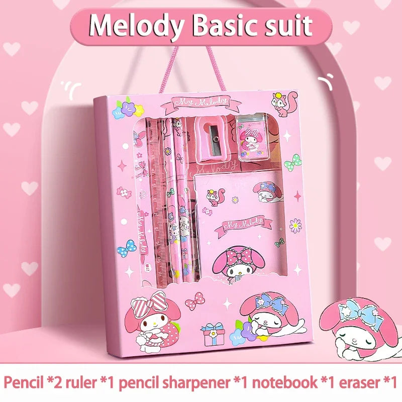 Sanrio kuromi conjunto de papelaria cinnamoroll melodia lápis borracha aprendizagem presentes caixa dos desenhos animados papelaria crianças termo começa presentes