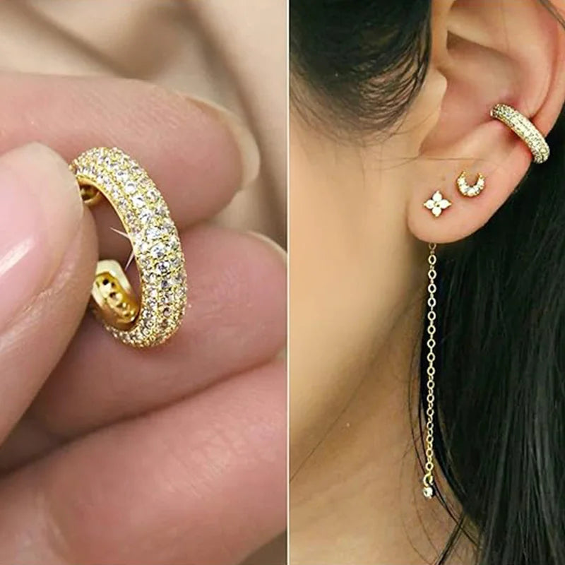 Brincos de argola banhados a ouro 14K para mulheres, brincos de zircônia cúbica brilhante C Huggie, brinco de cartilagem