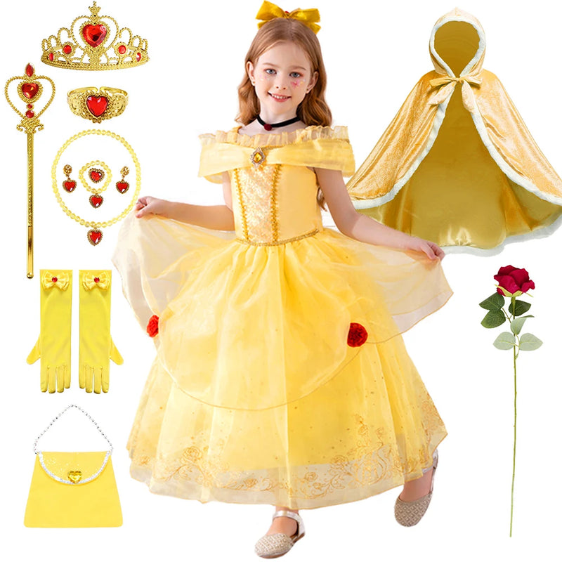 Filmes personagem bela e a fera halloween princesa cosplay traje festa belle vestir-se elegante amarelo pageant vestidos de baile